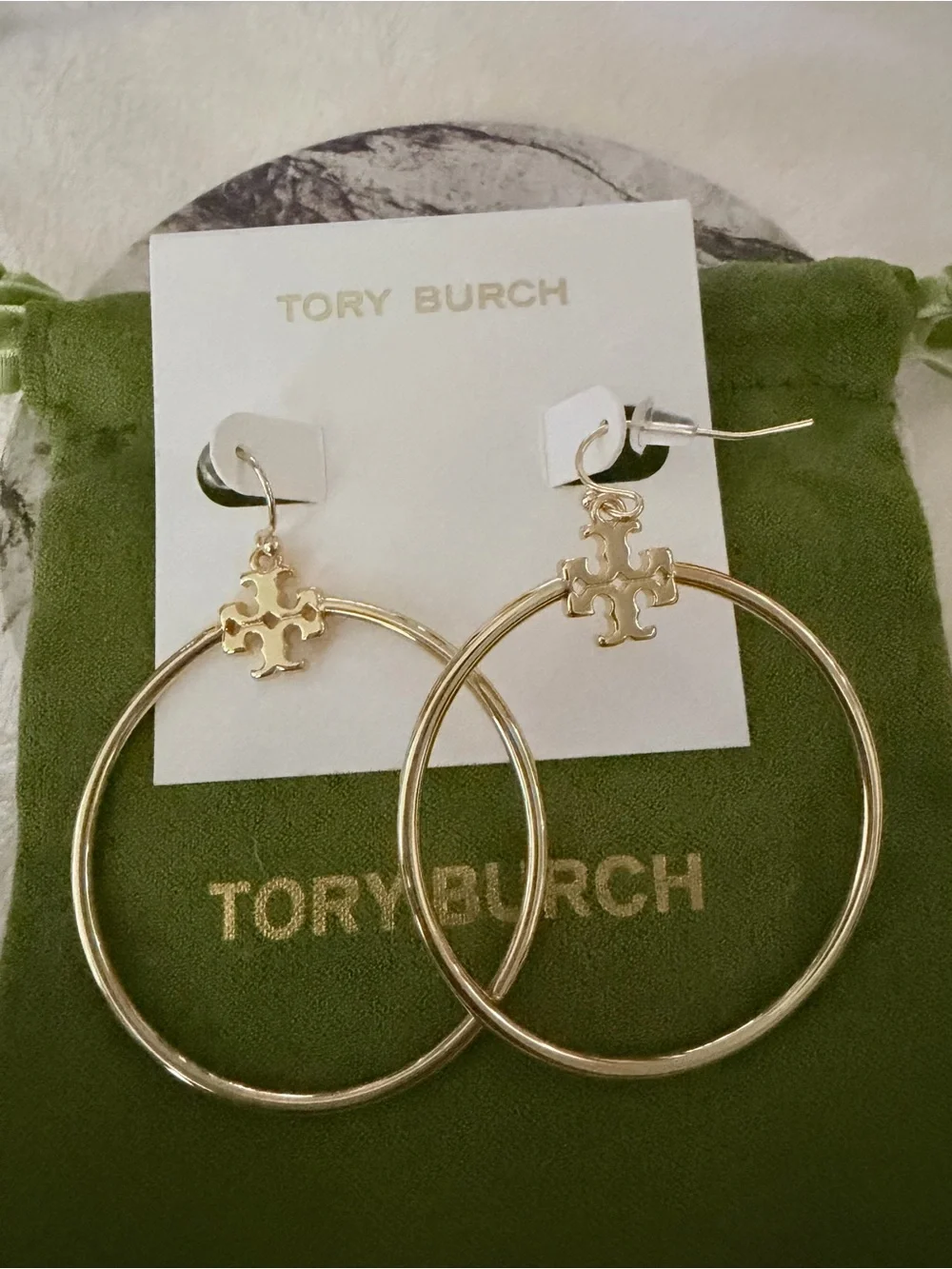 Tory Burch Gold Logo Hoop Earrings with Signature Emblem